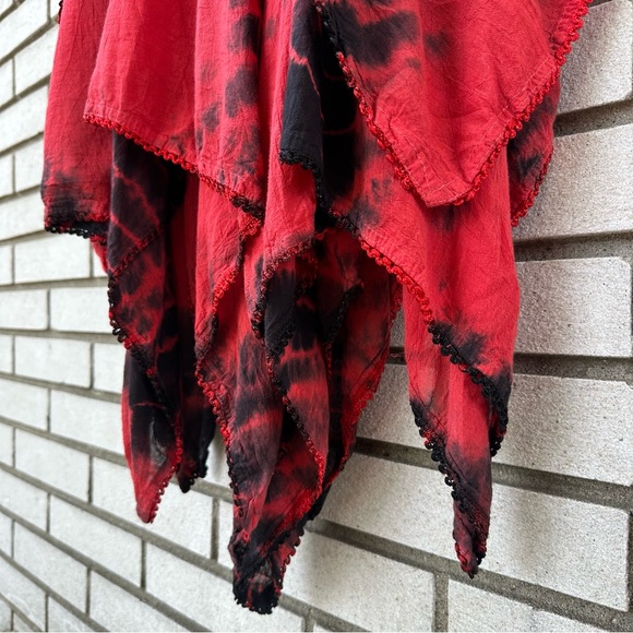 Sakkas Red Black Tie Dye Lace-Up Handkerchief Hem Boho Dress Plus Size Witchy - Picture 4 of 12